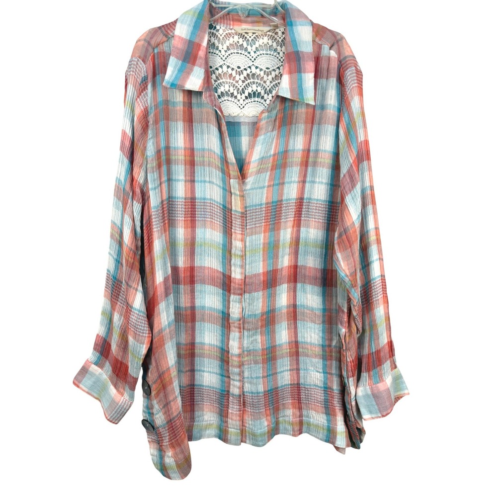 Soft Surroundings Womens 2X Plaid Tunic Shirt Lace Inside Button up Coral Blue